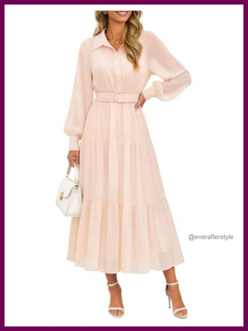 Floral Maxi Dress Long Puff Sleeve Button Down Belted A-Line Wedding Guest
